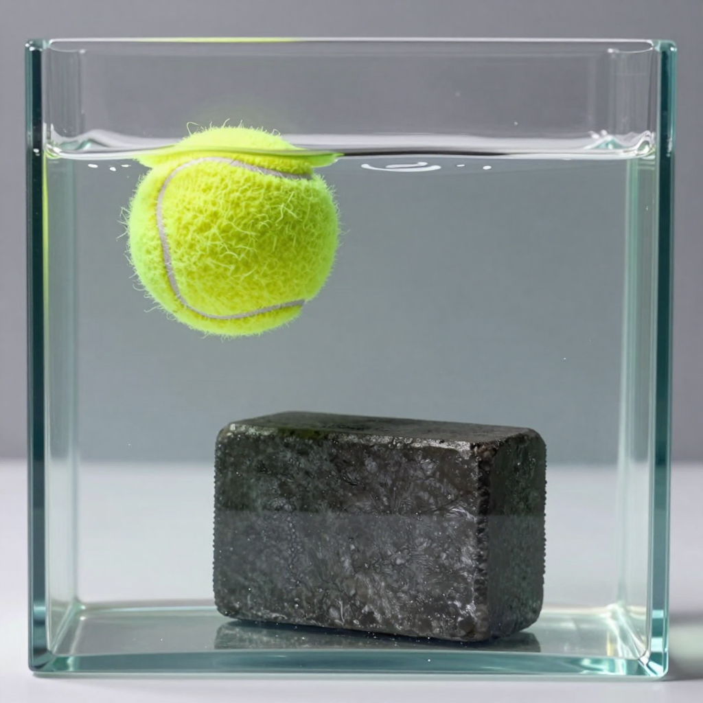 A tennis ball and an iron block in a transparent water tank