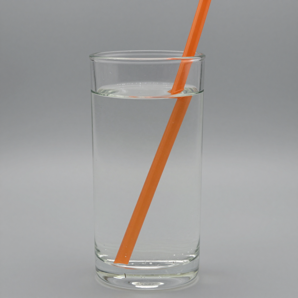 A plastic drinking straw partially submerged in a clear glass of water