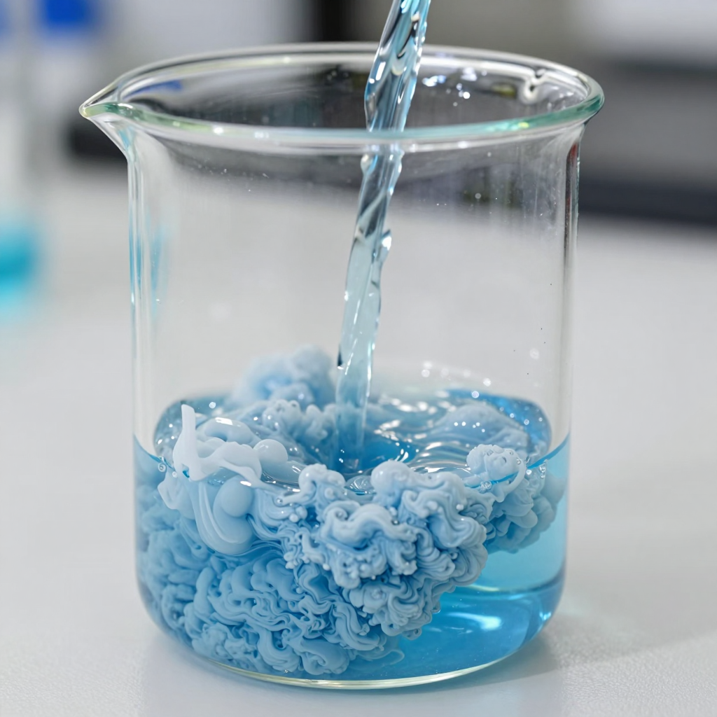 Copper sulfate solution mixing with sodium hydroxide solution in a beaker