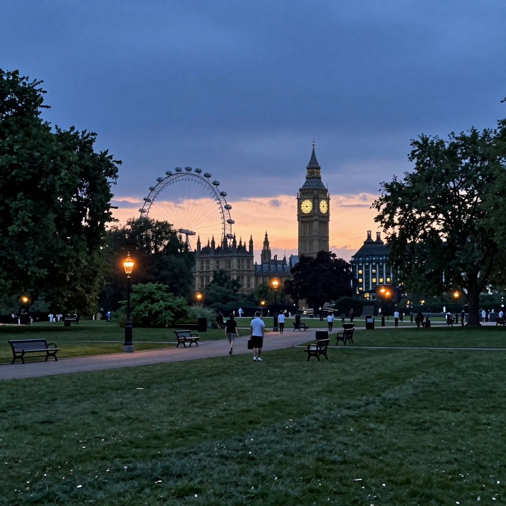 A London park at 10 PM during the summer solstice