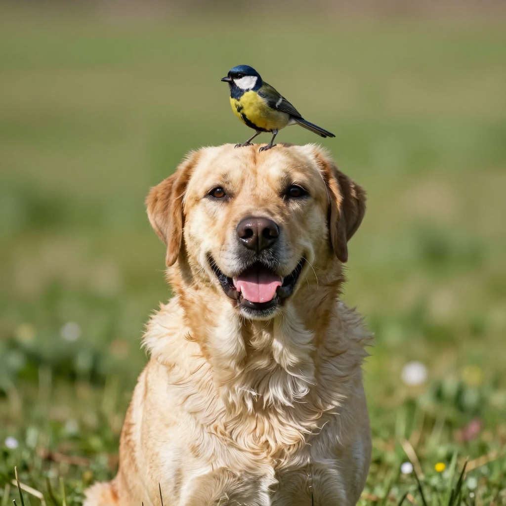 A bird and a dog with the smaller animal above the larger animal