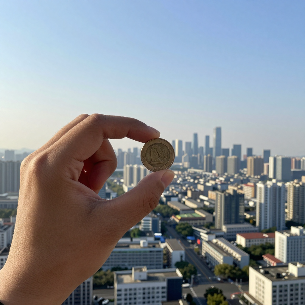 A nearby coin held in front of a distant cityscape