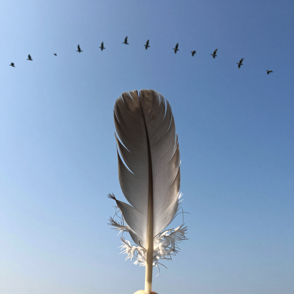 A close-up feather with a distant flock of birds overhead