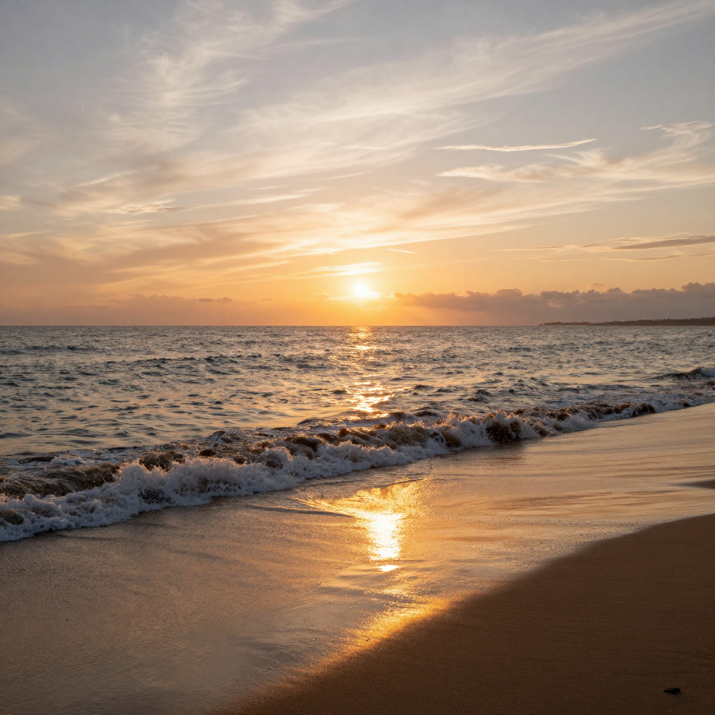 A beach at sunset with gentle waves