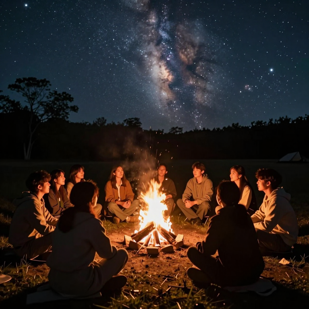 People around a campfire beneath a starry sky