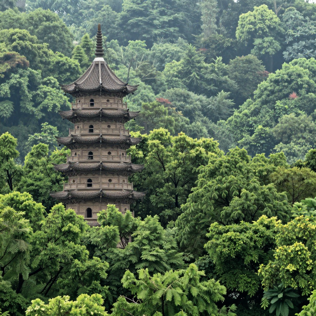 A pagoda in the left half of a quiet forest
