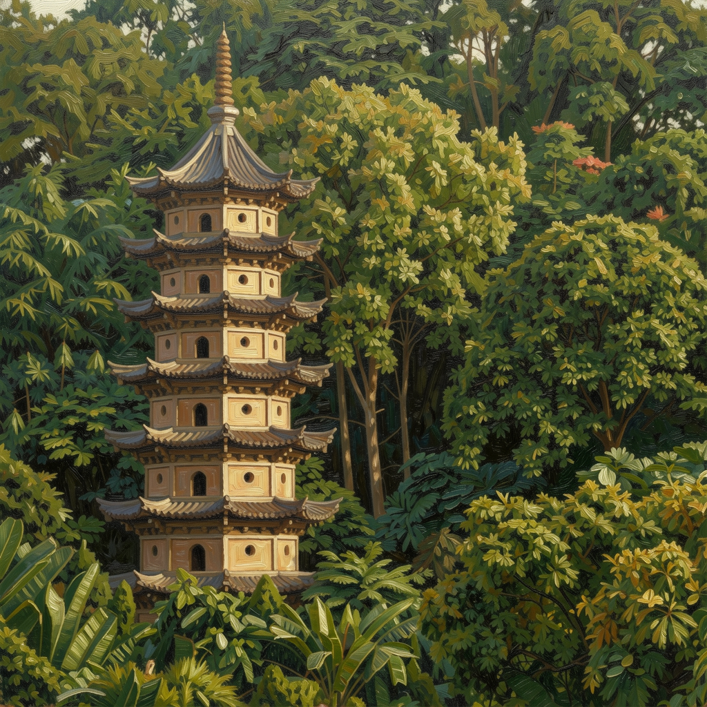 An oil painting of a pagoda in a quiet forest