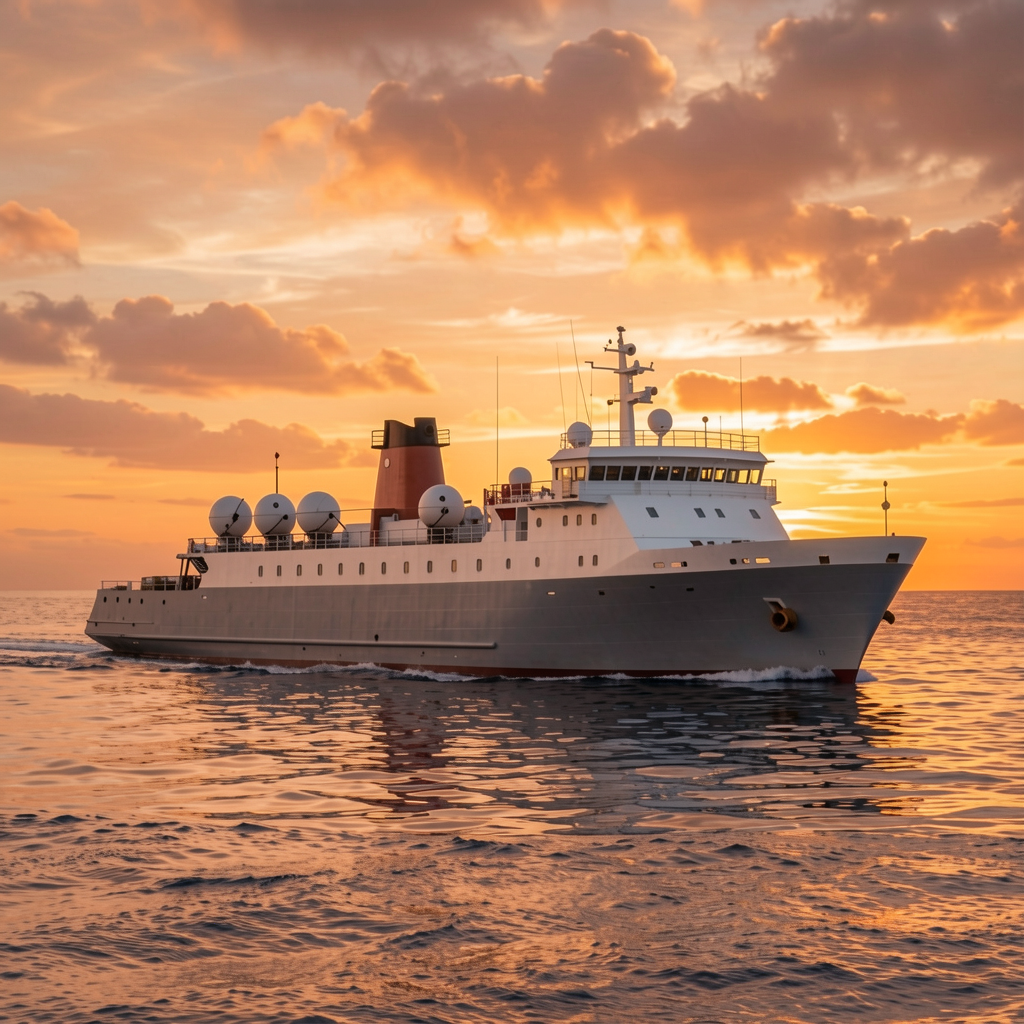 A ship at sea beneath a sunset sky