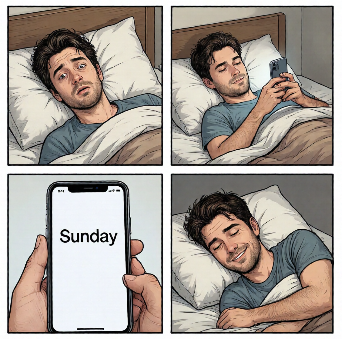 A four-panel comic strip about waking up on Sunday
